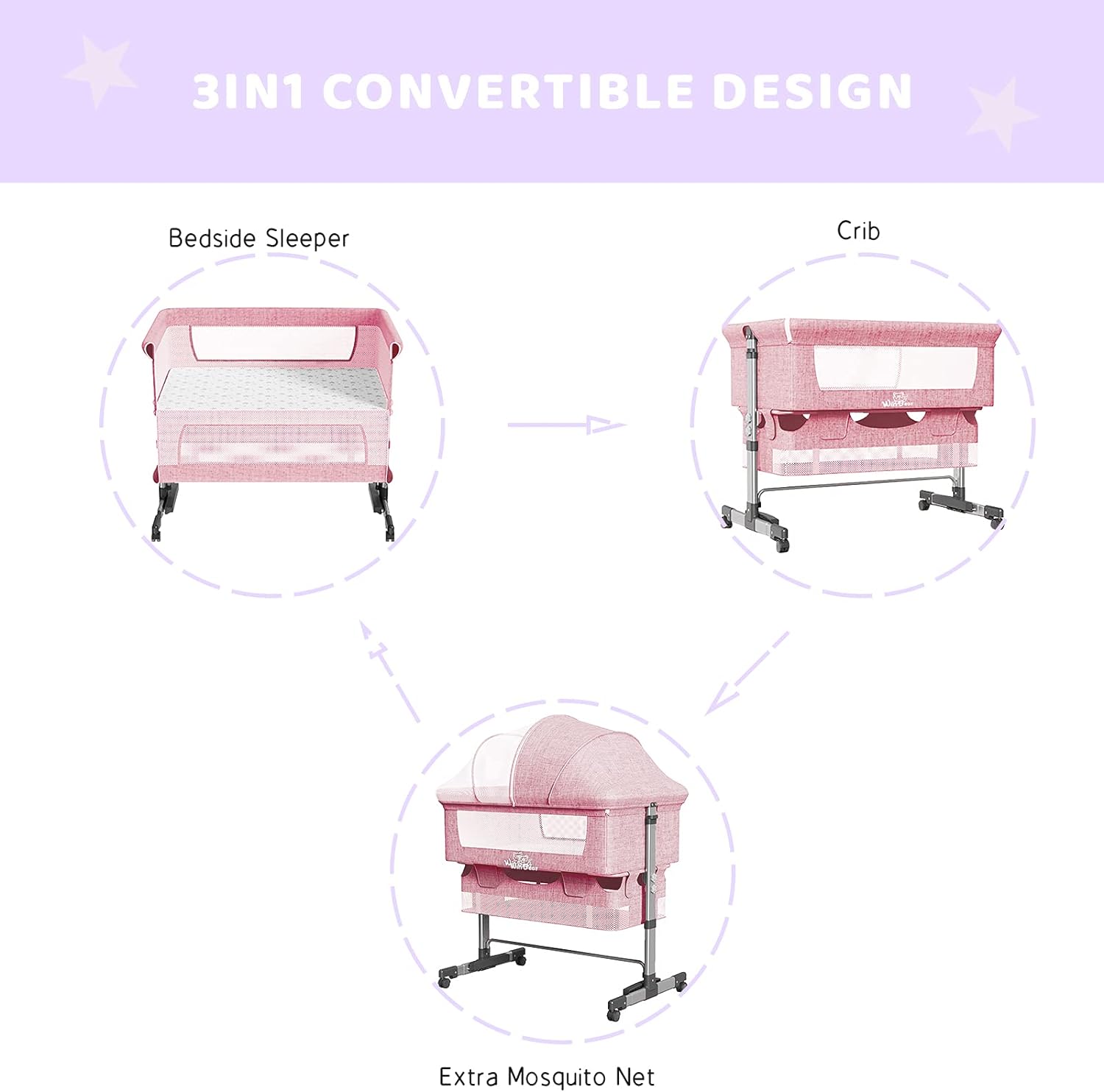 WINBEAR 3 in 1 Bedside Crib